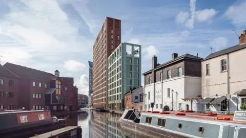 GNM Developments Ltd A visualisation of what the development could look like, with tall buildings dominating hte skyline next to the canal