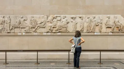 Getty Images A woman dressed in casual clothes stands with her back to the camera. She is looking at an ancient carved frieze hung on a wall in a museum. 