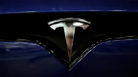 Reuters The logo of Elon Musk's electric vehicle-maker Tesla is on display at an auto show.