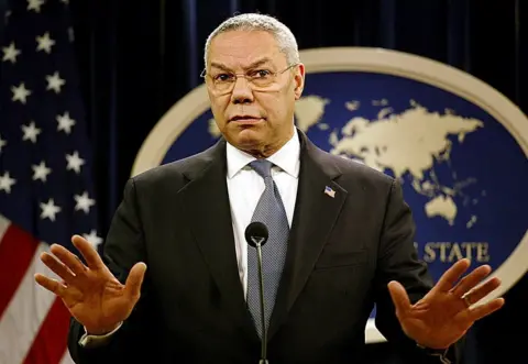 Getty Images Colin Powell, as Bush's secretary of state, speaking in 2003
