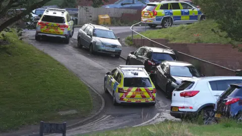 Eddie Mitchell Three police cars guard a row of four saloon cars, including one which is badly damaged, in Whitehawk Road.