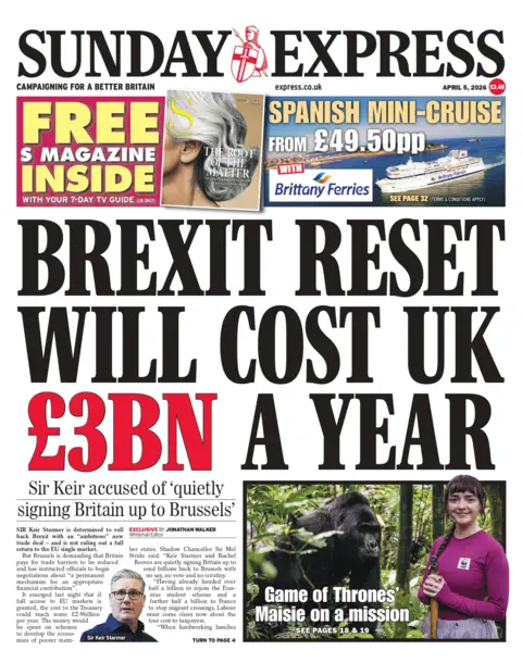 "Brexit reset will cost UK £3bn a year" reads the headline on the front page of the Sunday Express.