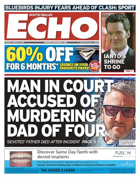 South Wales Echo The front page of South Wales Echo. The main headline reads: 'Man in court accused of murdering dad of four' . Other headline reads: 'Ianto's shrine to go'