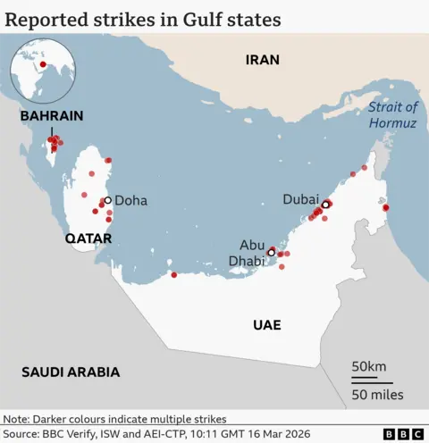 A regional map of countries around the Gulf, highlighting Bahrain, Qatar and UAE. Strike icons are shown concentrated heavily on the small island of Bahrain, down the eastern side of Qatar, and along the northern coast of the UAE - particularly around Abu Dhabi and Dubai.