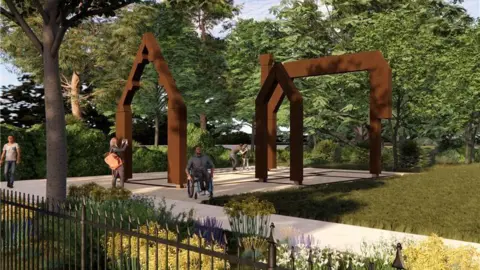 Stockton Council Another artist impression of the lodge but from the side. There are three arches. People can be seen around the structure.