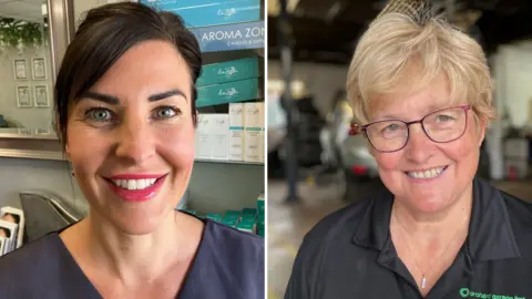 A split image showing two business owners. On the left, Natalie Potter stands inside a beauty salon with shelves of skincare products behind her. On the right, Pam Manwaring stands inside a vehicle workshop wearing glasses and a dark polo shirt, with cars and garage equipment visible in the background.