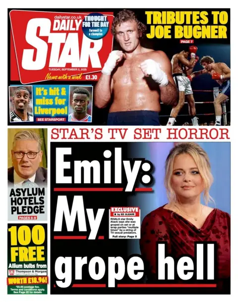 The headline on the front page of the Daily Star reads: "Emily: my grope hell".