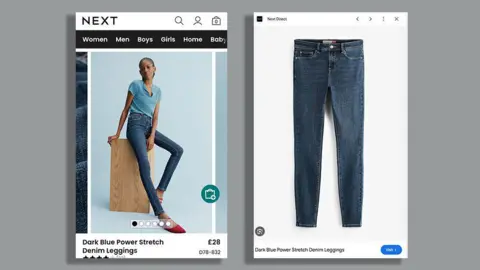 Next The banned image of a Next model wearing leggings (left), and an image of the leggings on their own (right).