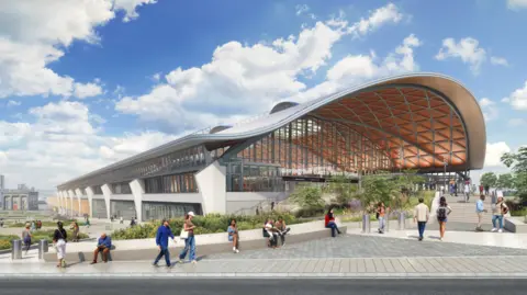 HS2 A visualisation of the proposed revised design for Curzon Street Station, the HS2 station in Birmingham. It shows a station with a large curved roof which has metal patterning on an orange background on the underside of the roof. People are visualised in front of the station.