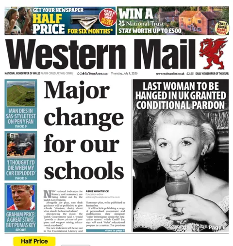 Western Mail Western Mail front page: Major change to our schools. Other headlines include: Last woman to be hanged in UK granted conditional pardon, and man dies in SAS-style test on Pen Y Fan. 