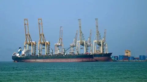 Getty Images Two large ships with multiple cranes onboard are docked at a port in the background, with water in the foreground