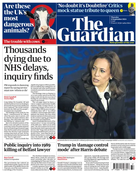 Guardian headline reads: Thousands dying due to NHS delays, inquiry finds