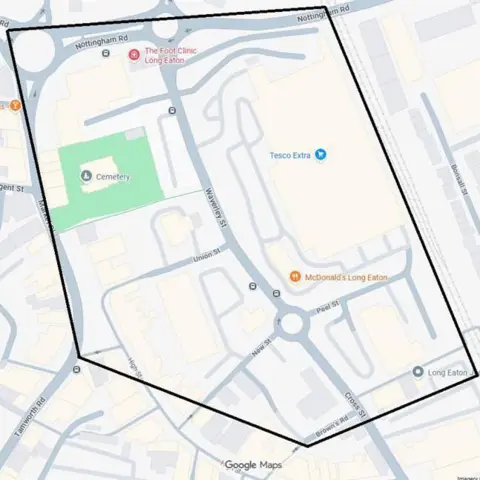 Google/Derbyshire Police Map graphic showing the area of Long Eaton covered by the dispersal order