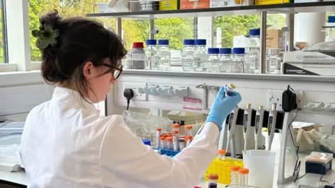 A woman with dark brown hair pulled up in a green flower claw clip and wearing a white lab coat and blue rubber gloves. She is holding a test tube and sitting at a desk in a lab. There are other tubes on the desk and jars sitting on the shelves in front of her. 