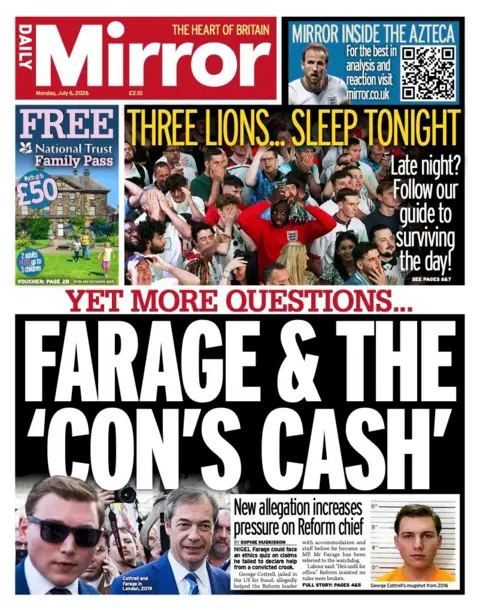 The headline on the front page of the Daily Mirror reads: 'Farage & The "Con's Cash".'