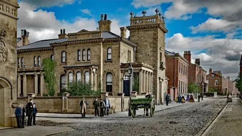 Edwin's restored image of Winckley Square and Cross Street in Preston in 1862. It is the same as the previous sepia image but the colours are much bolder, brighter and clearer. He has made the square building stone and houses going off in the distance are now red brick. The horse cart is green.