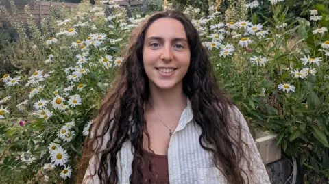 Aviva Aviva, a young woman with long dark hair standing in a garden surrounded by white daisies, with greenery in the background.