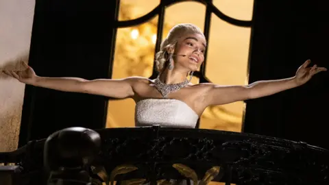 Rachel Zegler performs on the balcony as Eva Perón for the final time in "Evita" on September 06, 2025 in London, England. 