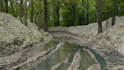 Piles of compacted waste was piled about four metres high either side of a track which runs from the front to the back left of the image. The road runs through woodland with green treetops