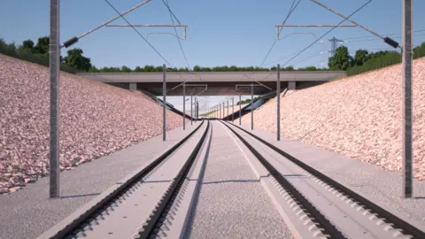 HS2 LTD A computer-generated image shows train tracks in a gravel trench. Overhead cables and pylons can be seen. A bridge, featuring trees and plants, can be seen over the track.