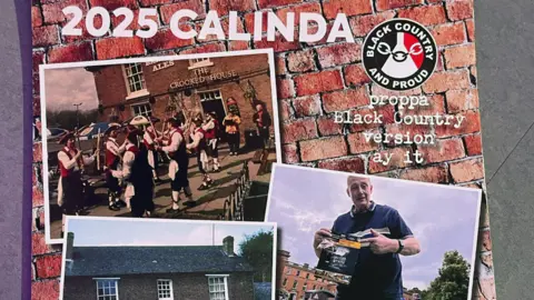 Shot of cover of the 2025 Crooked House calendar, featuring Black Country slang and composite images of the pub, including morris dancers performing outside