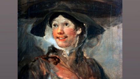 A mid-18th Century painting by William Hogarth of a female seller of shellfish, smiling and with a large basket balanced on her head