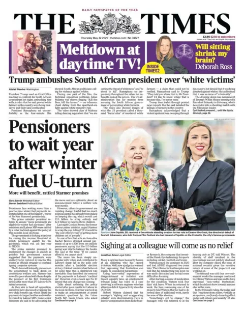 The headline of the front page of the Times reads: "Pensioners to wait year after winter fuel U-turn".