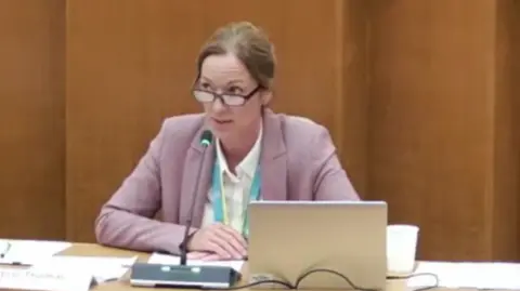 YouTube/Norfolk County Council A woman with glasses and a light purple blazer sits in front of a microphone and laptop inside a council chamber