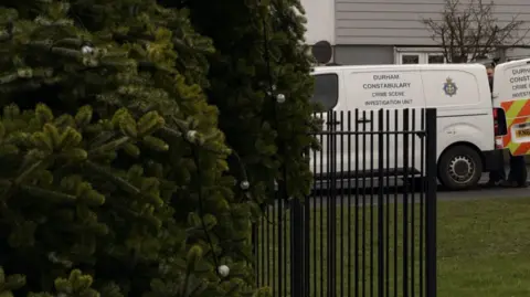 Sam Hotson/BBC The felled tree is on its side and lights can be seen on its branches. There is a Durham Police crime investigation van in the background and the force's logo is visible in orange and yellow stripes on its doors.