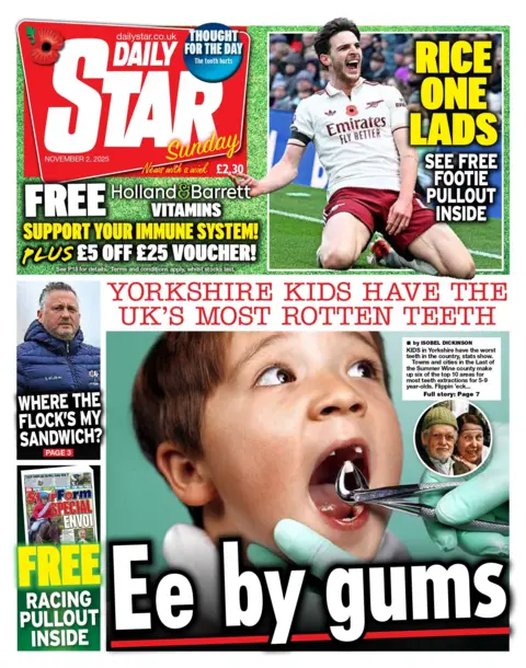 "Ee by gums: Yorkshire kids have the UK's most rotten teeth," reads the headline on the front page of the Daily Star.