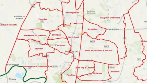 LGBC The proposed boundary changes in Darlington have been drawn over the map with ward names written on top of them. A thick green line around the edge shows the council boundary.