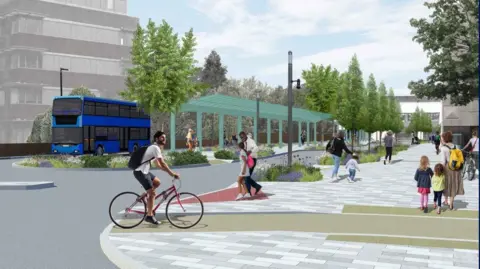 Crawley Borough Council An artist's impression of what Friary Way will look like after being redeveloped, featuring pedestrians and a man wearing shorts and a t-shirt riding a bike. A blue bus is in the background.