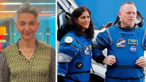 Split screen show female reporter on the left and two astronauts in blue space suits on the right