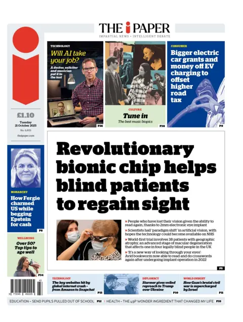 "Revolutionary bionic chip helps blind patients to regain sight" reads the headline on the front page of The i Paper.