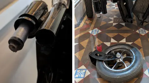 Bebe Newton Two pictures; one of a severed foot of a wheelchair where the wheel has been broken off, the second of the wheel in question infront of the chair on a tiled floor. 