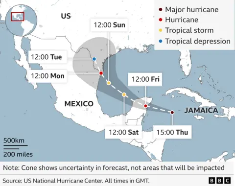 Map showing path of Hurricane Beryl