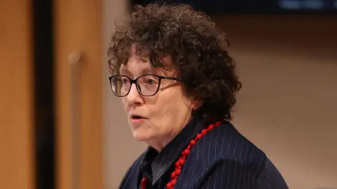 Senedd Cymru Elin Jones has glasses, brown curly hair, and wearing a blue pinstriped jacket.