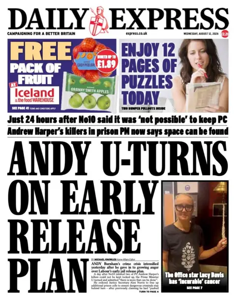 BBC The headline on the front page of the Daily Express reads: "Andy U-turns on early release plan."
