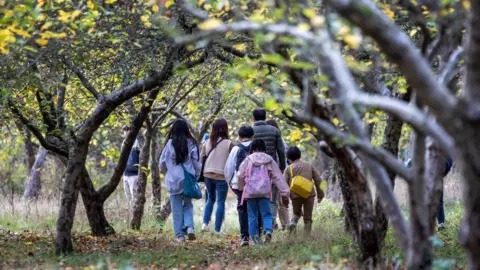 A group of people with their backs turned to the camera walking from the community orchard at Woughton on the Green. There are numerous trees with green and yellowing leaves and a blanket of leaves on the ground.
