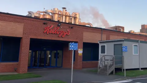 A view of Kellogg's factory, big red lettering spelling Kellogg's is on the red brick wall above an entrance. Silver pipes are visible shooting up from the roof. Smoke or steam is coming from the right of the building.