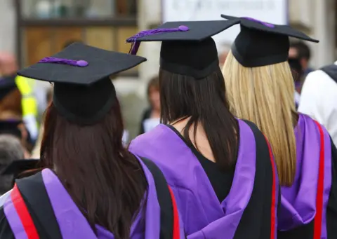 Three women wearing graduation caps and gowns stand with the backs to camera.