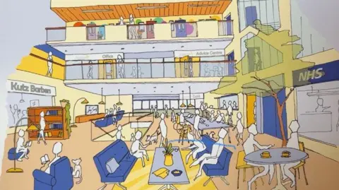 Jimmy's Cambridge An illustration of a new site for Jimmy's Cambridge. Simple outline drawing of an open-plan multi-level large hall. NHS services, a barbers', advice centre, and a cafe are in the illustration. There's also a communal area with seating, a bookcase, a TV area and somewhere to eat. 