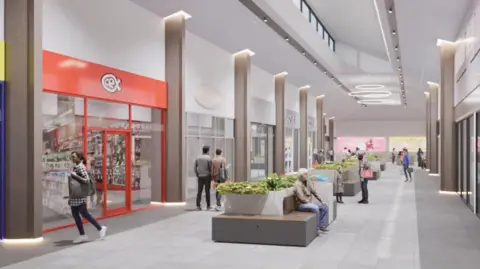 An artist impression of the inside of a shopping centre. In the middle of the building is seating with shops on both sides. A CEX, which has a red outdoors, is on the left.