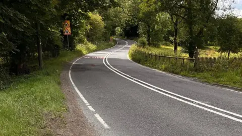 BBC The road where the car crashed. The road can be seen curving with trees and grass on either side.