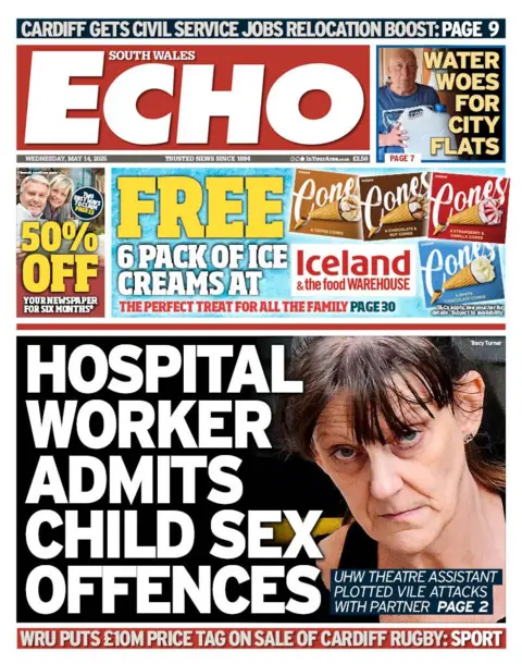 South Wales Echo South Wales Echo newspaper front page shows main headline a picture of a woman with dark hair: Hospital worker admits child sex offences; UHW theatre assistant plotted vile attacked with partner. Other headlines on the front page are: Water woes for city flats and WRU puts £10M price tag on sale of Cardiff rugby. There is an advert above the main headline for Free 6 pack of ice creams at Iceland