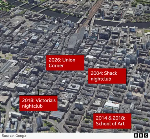 Google Map showing parts of Glasgow where fires have taken place