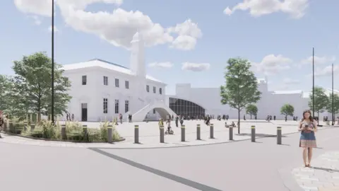 Leicester City Council An artists impression of the new look Leicester Market with people milling in the open spaces outside a white building