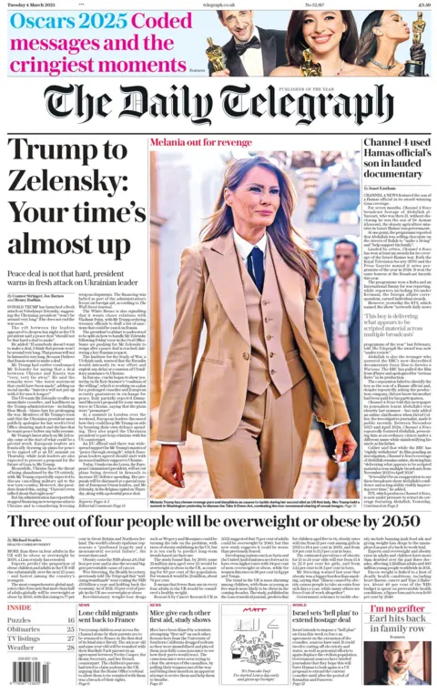 Reads the title on Telegraph's front page: "Trump to Zelansky: Your time is almost up."