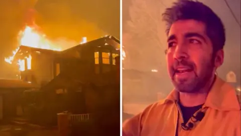 CBS reporter speaks to camera in a side-by-side image with a burning house in Los Angeles