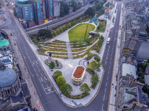 Hardscape Union Terrace Gardens - an aerial shot showing the garden surrounded by big roads